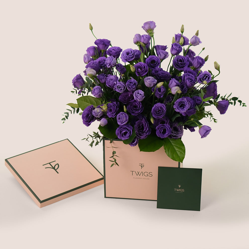 Purple Elegance – Square Box Bouquet of Purple Lisianthus