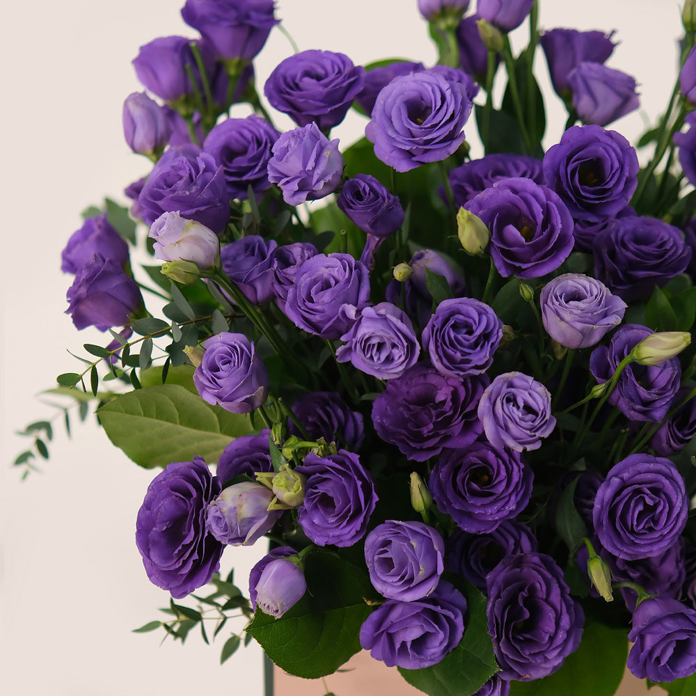 Purple Elegance – Square Box Bouquet of Purple Lisianthus