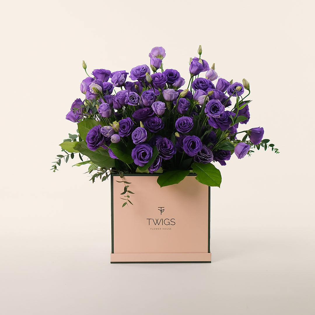 Purple Elegance – Square Box Bouquet of Purple Lisianthus