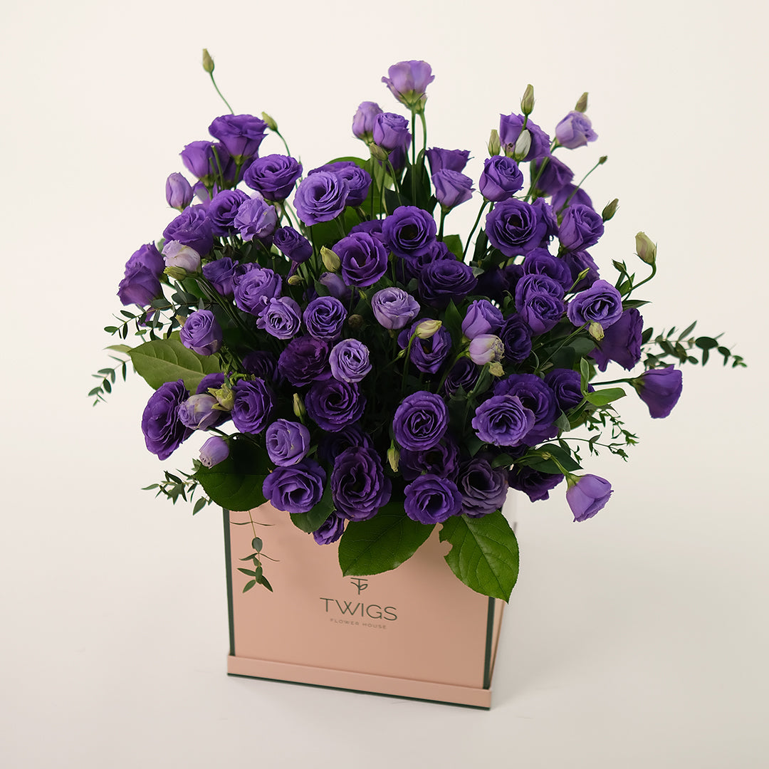 Purple Elegance – Square Box Bouquet of Purple Lisianthus