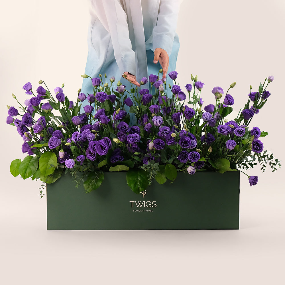 Purple Lisianthus Garden Box with Balloons | Premium Flowers and Balloons Dubai & UAE