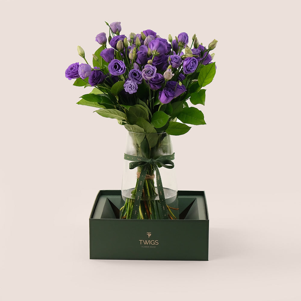 Purple Elegance – Glass Vase of Purple Lisianthus