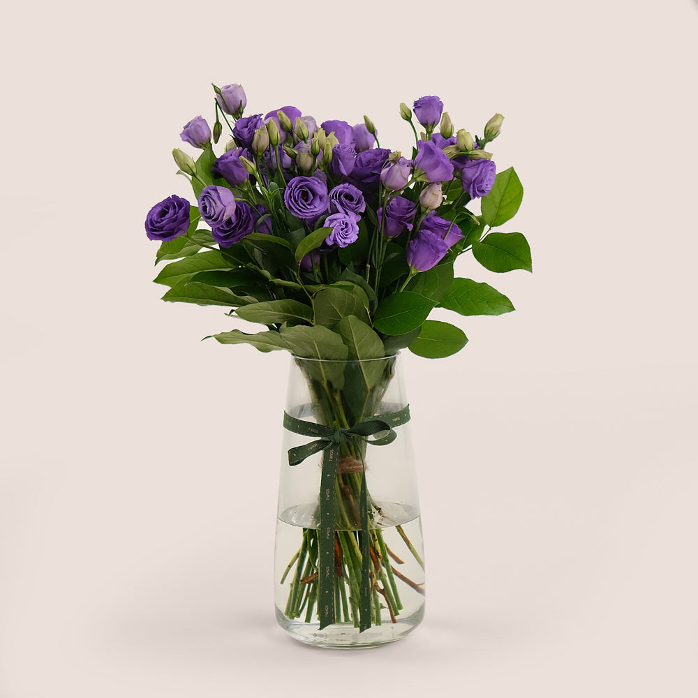 Purple Elegance – Glass Vase of Purple Lisianthus