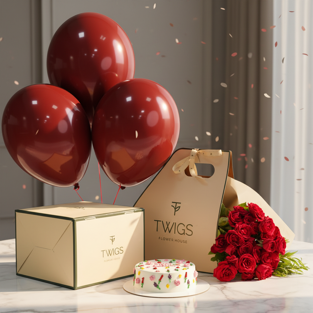 Red Bloom Birthday Bundle on Marble Table