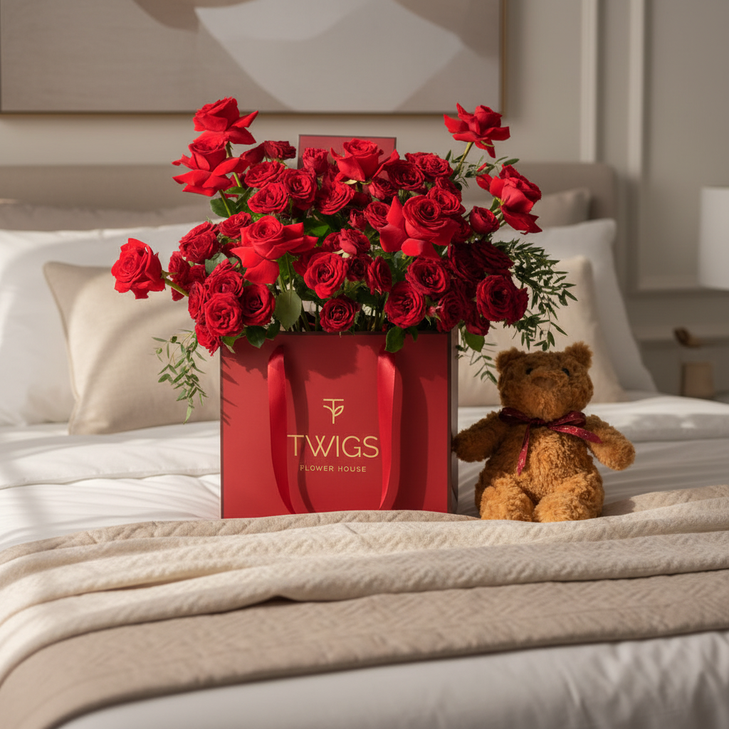 Red Roses Bouquet with Teddy on Bed Close-up