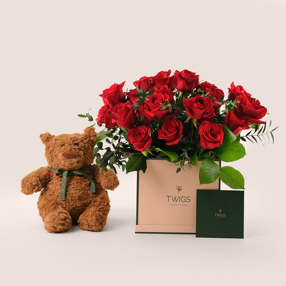 Very Red Flowers & Teddy Bear Bundle – A Heartwarming Gift – A Sweet and Thoughtful Surprise