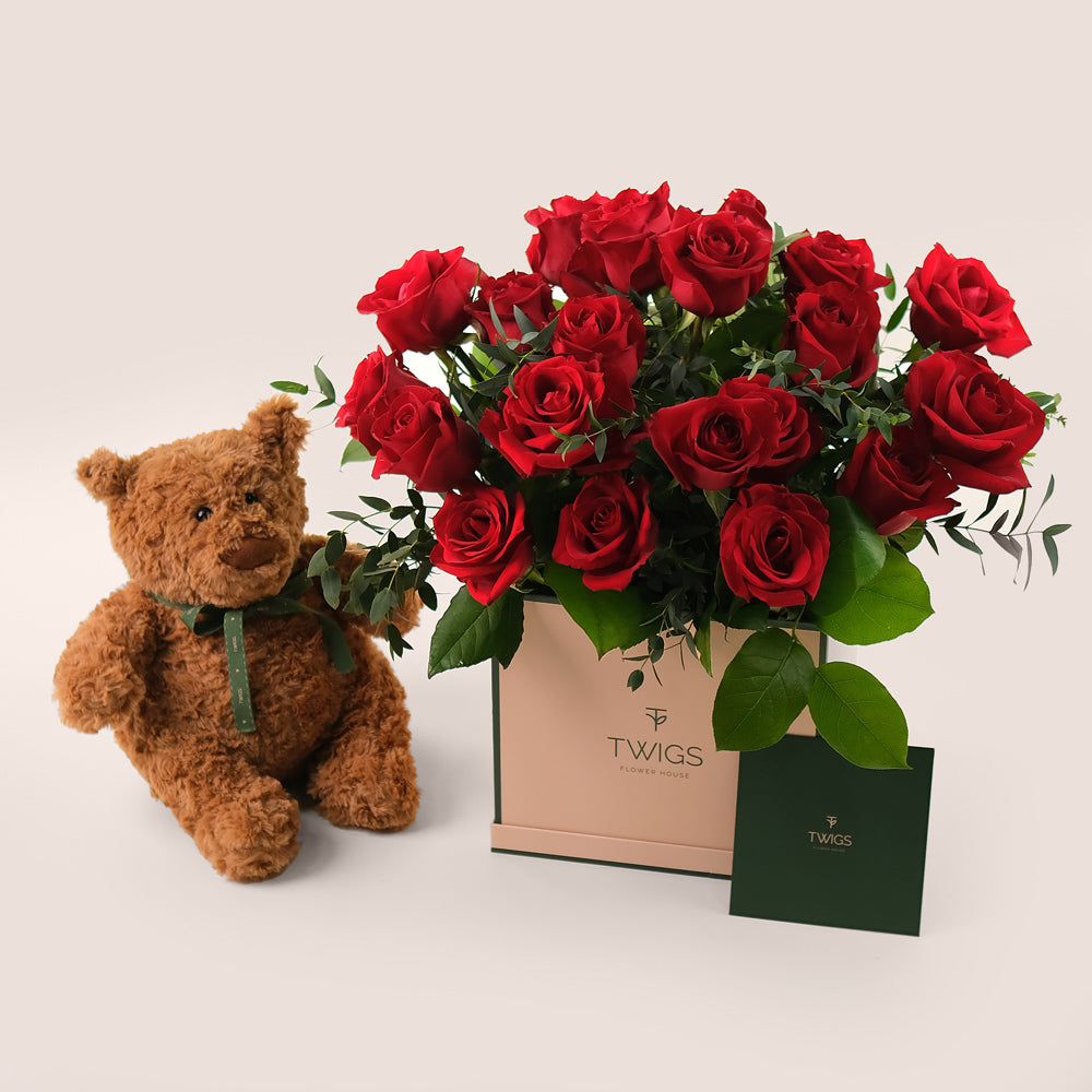 Very Red Flowers & Teddy Bear Bundle – A Heartwarming Gift – A Sweet and Thoughtful Surprise