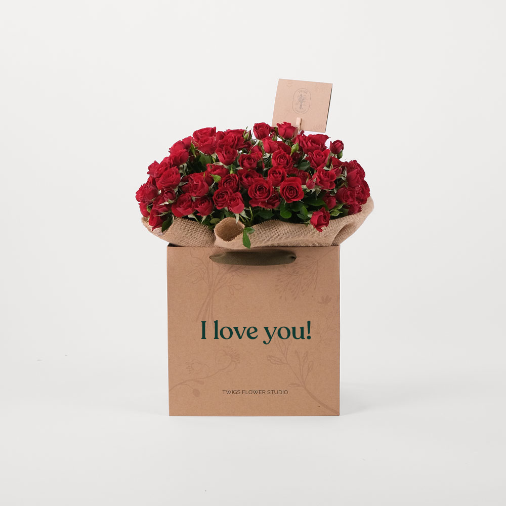 Red Spray Rose Flowers Bouquet In A Bag