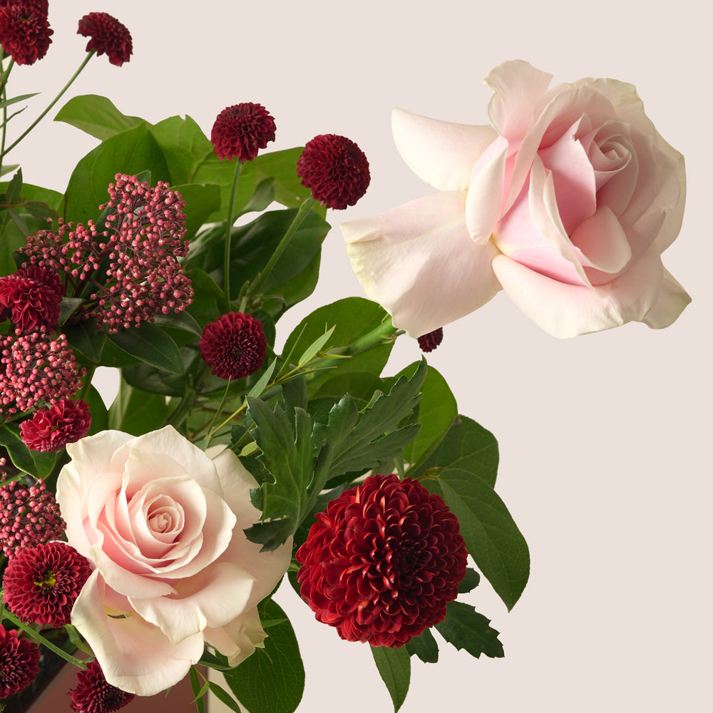 Luxury Eid flower box with Mondial roses, burgundy mums and skimmia in TWIGS square box – UAE delivery