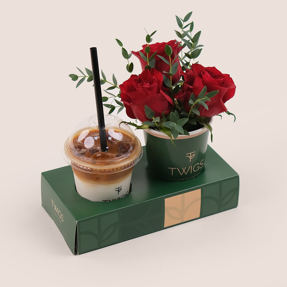 Latte Love Duo – Red Roses & Iced Spanish Latte– A Luxurious and Thoughtful Gift