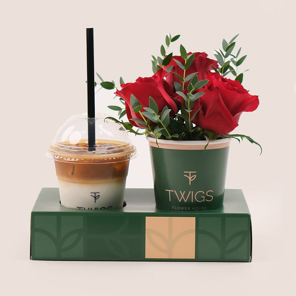 Latte Love Duo – Red Roses & Iced Spanish Latte– A Luxurious and Thoughtful Gift