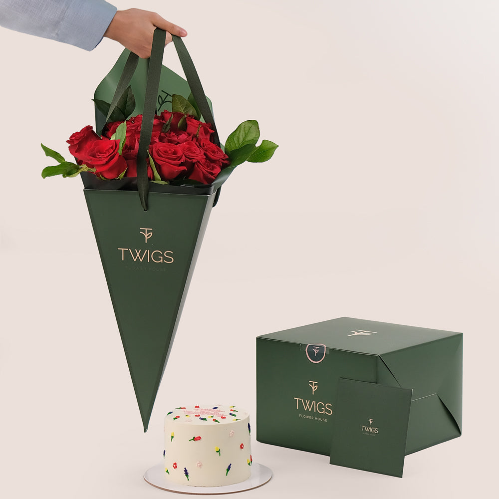 Red Roses Birthday Bundle – Elegant Flowers & Cake – A Classic Gift of Love & Celebration