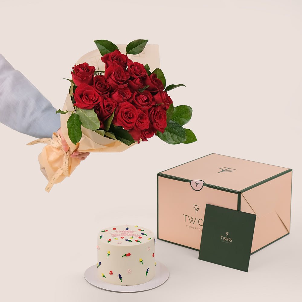 Red Roses Birthday Bundle – Elegant Flowers & Cake – A Classic Gift of Love & Celebration