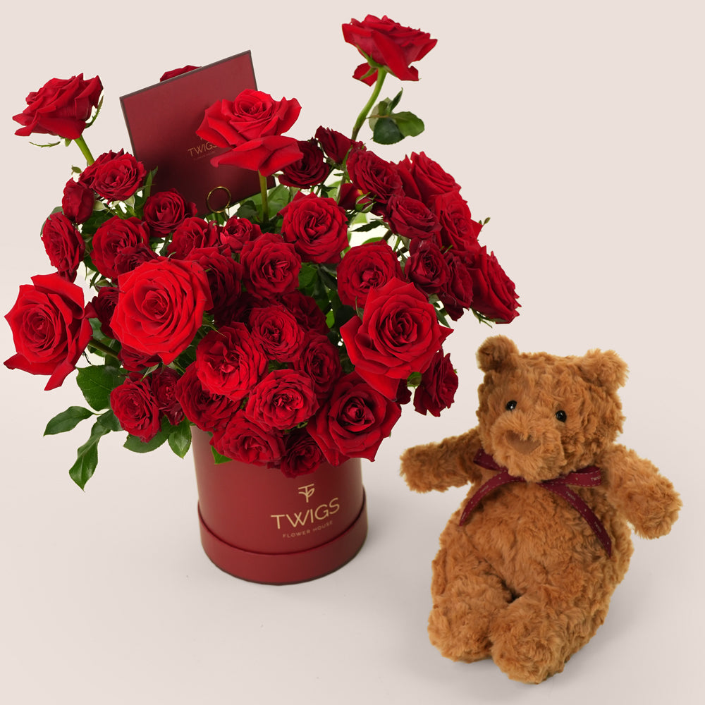 valentine’s day red roses box with teddy bear romantic floral gift uae