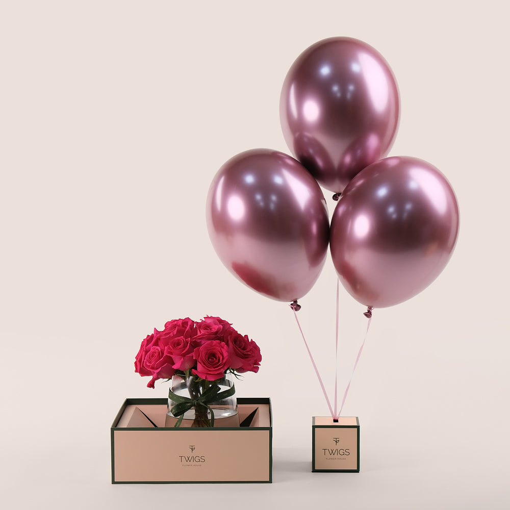 Fuchsia Luxe Bundle – Petite Roses & Balloons– The Most Elegant Gifting Option