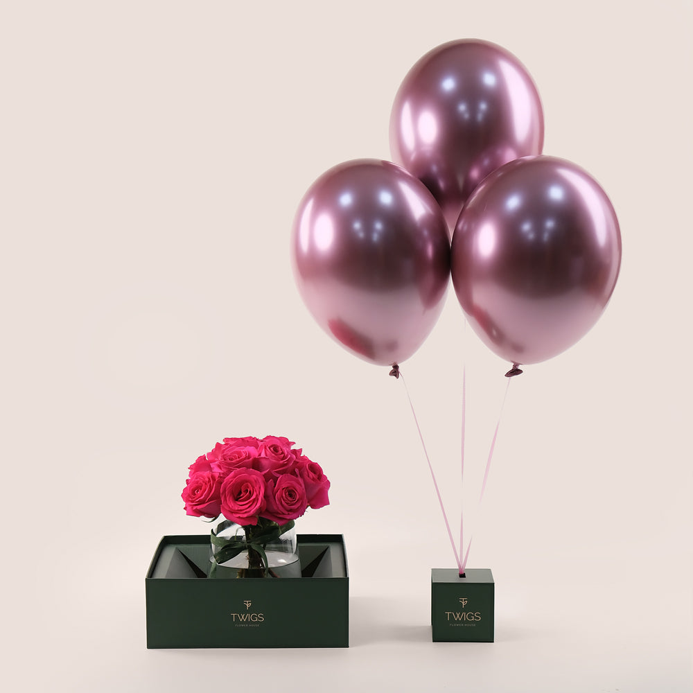 Fuchsia Luxe Bundle – Petite Roses & Balloons– The Most Elegant Gifting Option