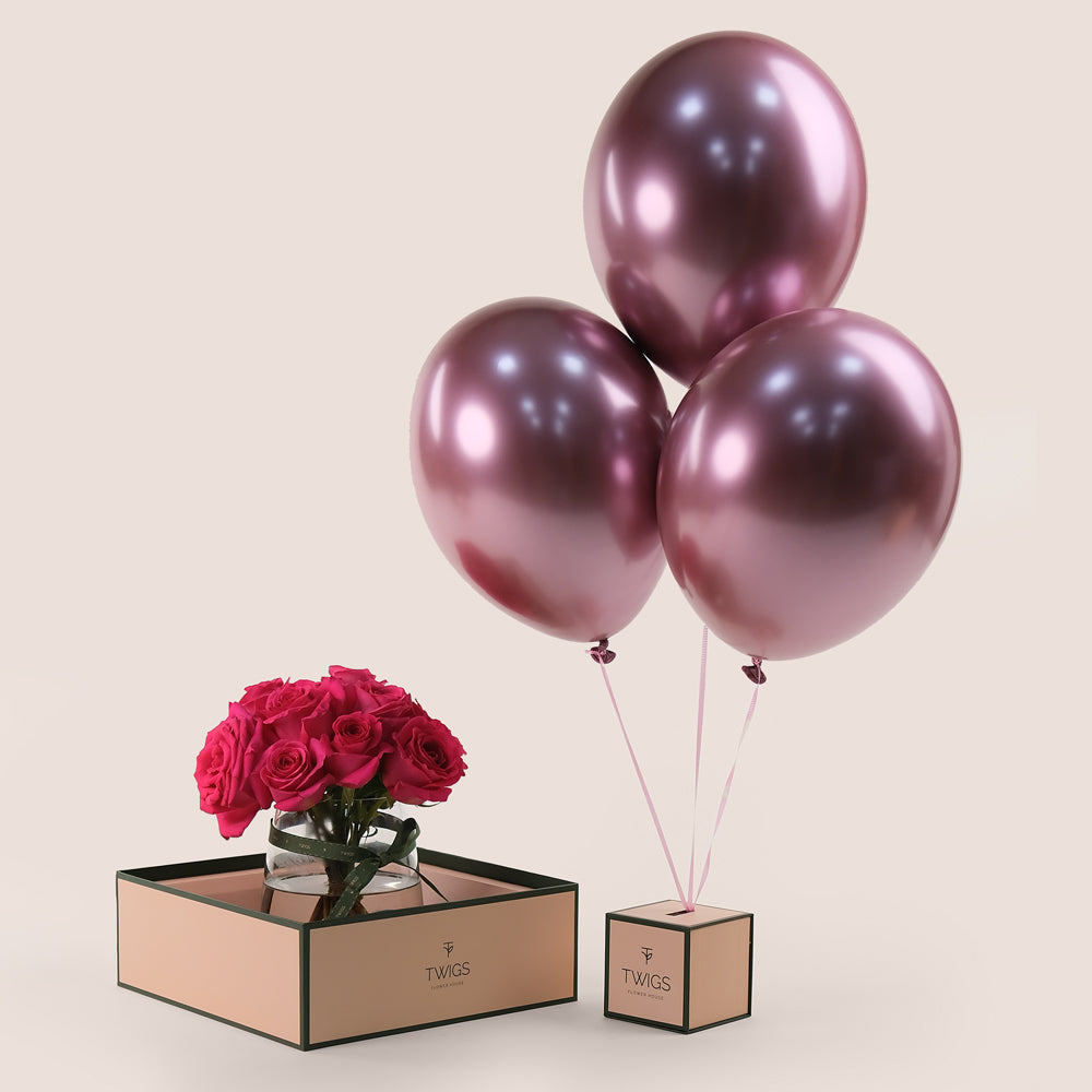 Fuchsia Luxe Bundle – Petite Roses & Balloons– The Most Elegant Gifting Option