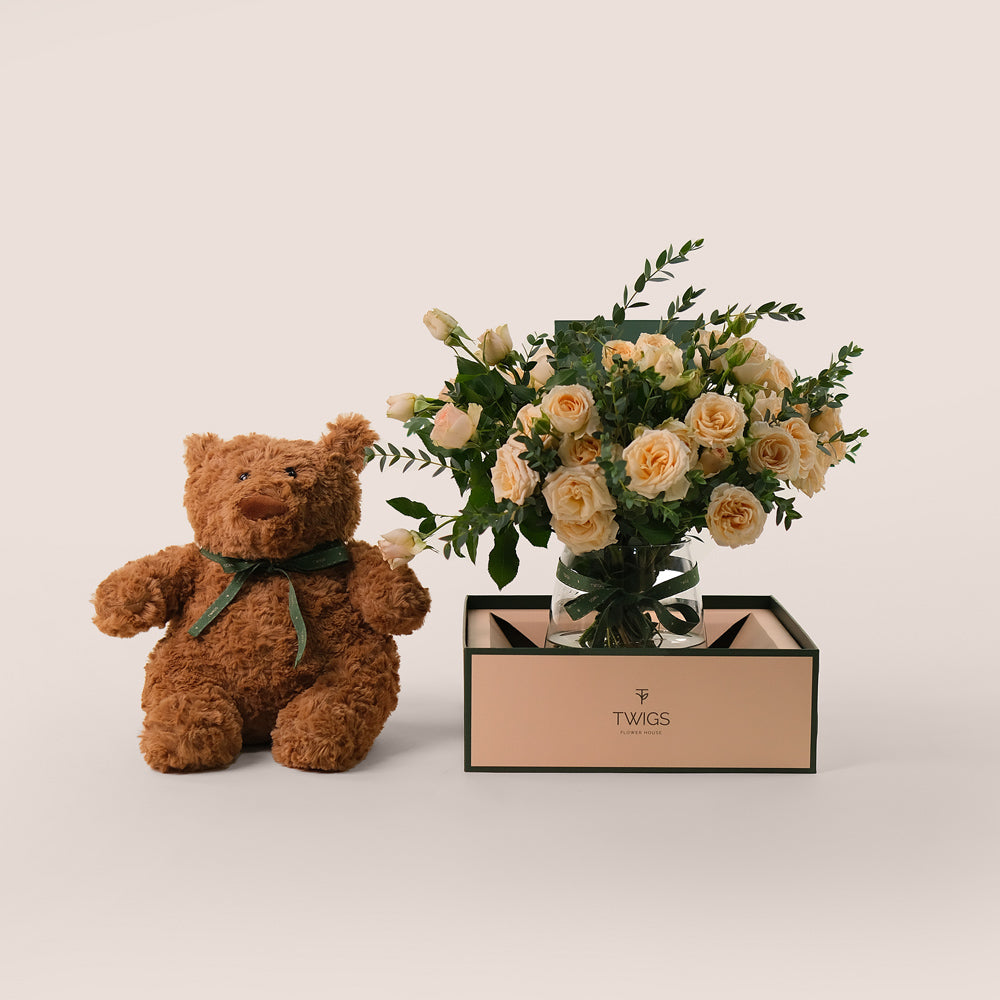 Salinero Roses & Teddy Bear Vase | Luxury Flower Delivery UAE – TWIGS