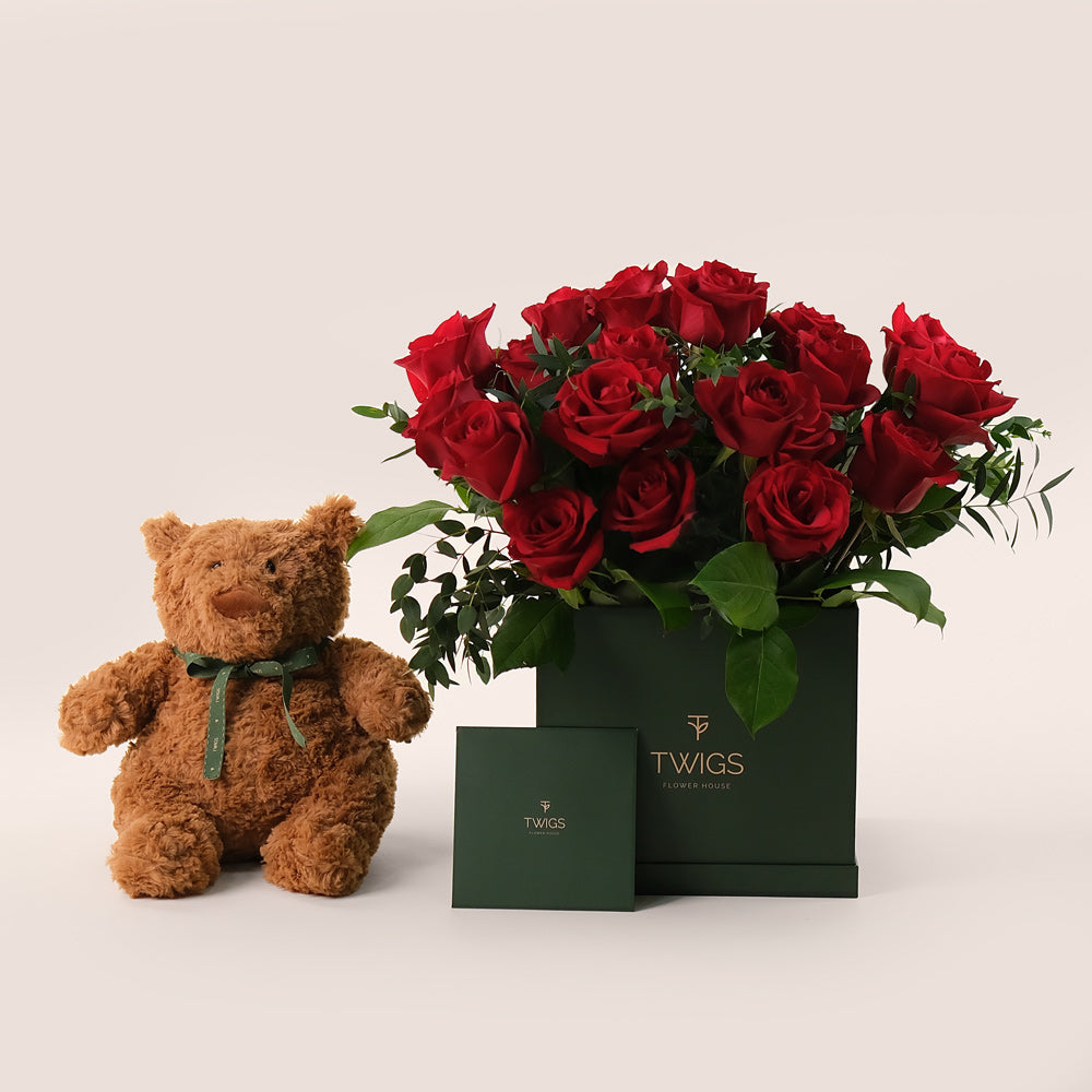 Very Red Flowers & Teddy Bear Bundle – A Heartwarming Gift – A Sweet and Thoughtful Surprise