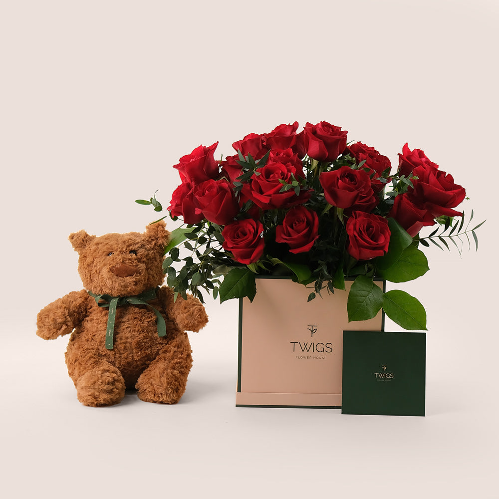 Very Red Flowers & Teddy Bear Bundle – A Heartwarming Gift – A Sweet and Thoughtful Surprise