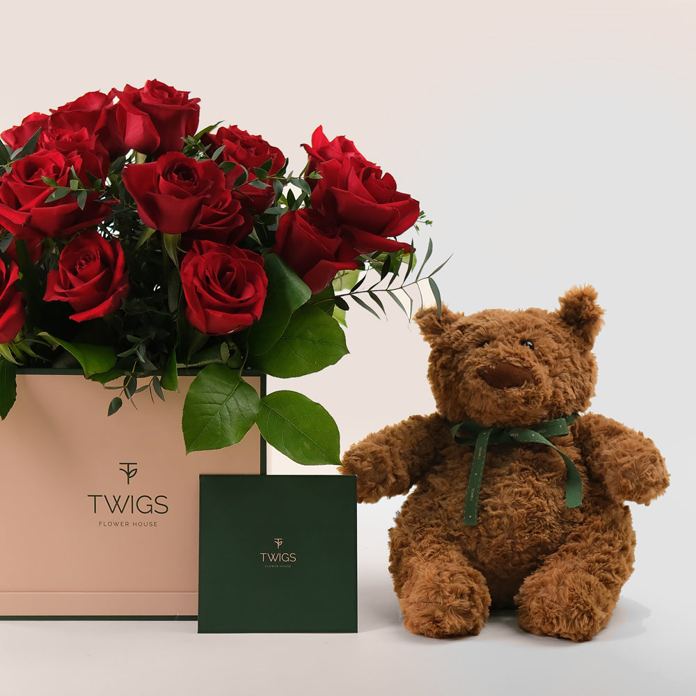 Very Red Flowers & Teddy Bear Bundle – A Heartwarming Gift – A Sweet and Thoughtful Surprise