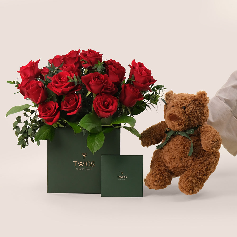 Very Red Flowers & Teddy Bear Bundle – A Heartwarming Gift – A Sweet and Thoughtful Surprise