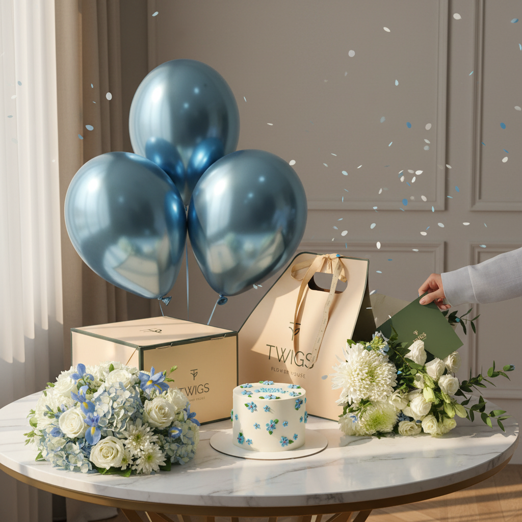 Touch of Blue Birthday Bundle on Marble Table