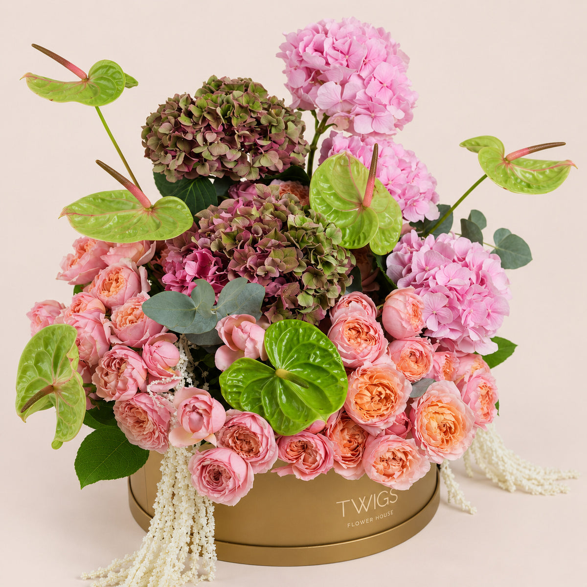 Isadora, a romantic floral arrangement of pink hydrangeas, two toned hydrangeas, Juliet garden roses, and green anthurium leaves in a round TWIGS Gold box.