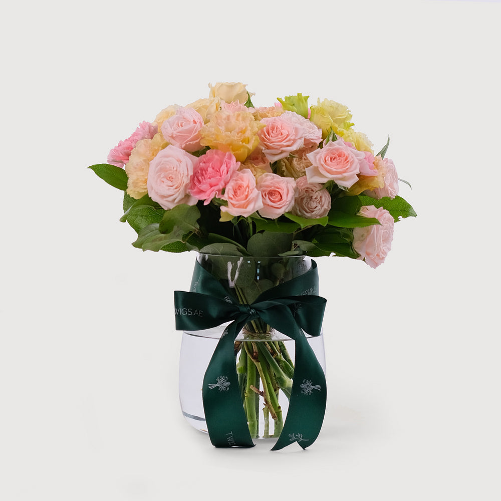 SPRAY ROSE AND LISIANTHUS PEACH FLOWER ARRANGEMENT IN VASE