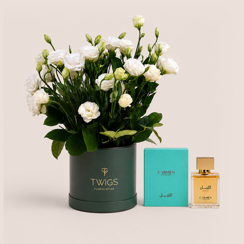 Deluxe White Lisianthus Flower Box + Al Lil Perfume by Carmen Perfumes